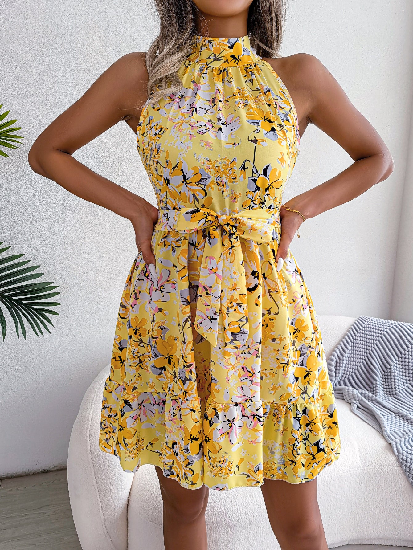 Elegant Tie Waist Ruffle Hem Flowy Floral Print Dress
