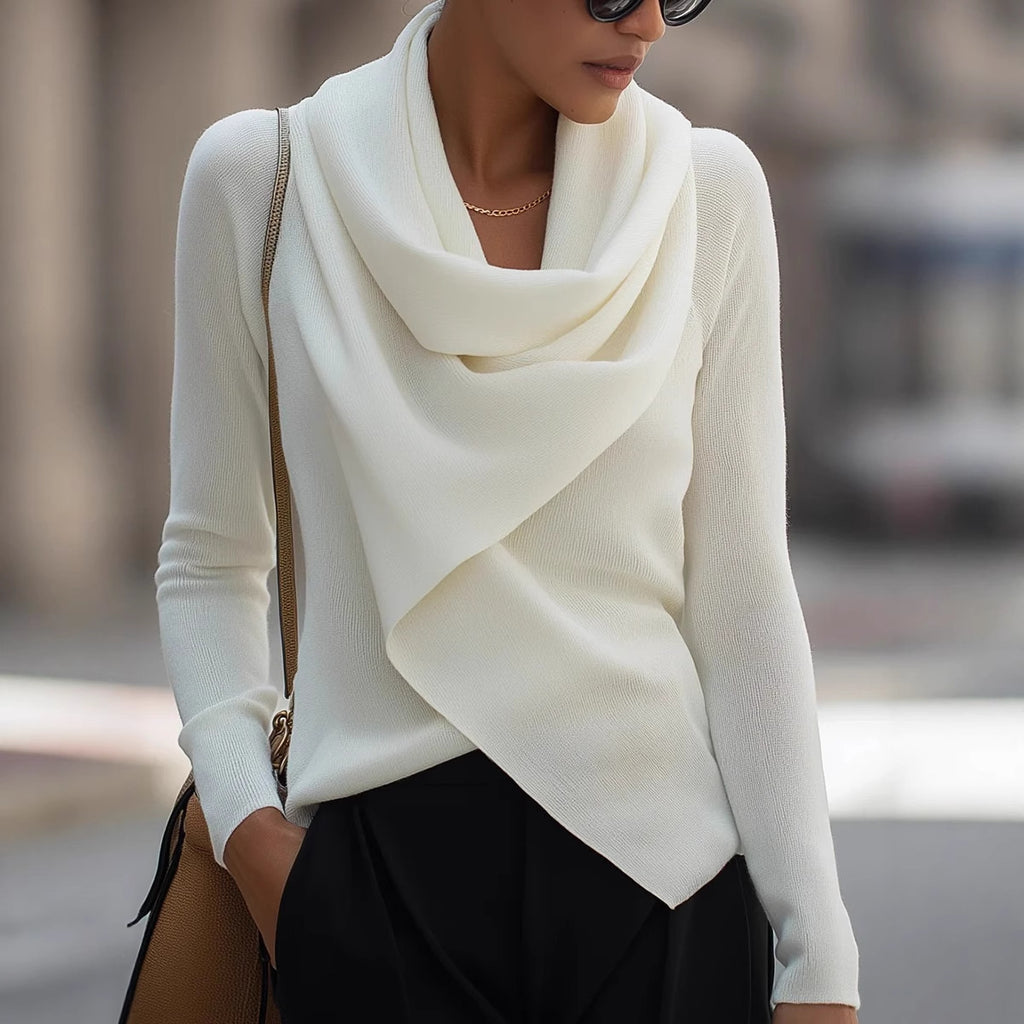 Personality Draped Collar Irregular Solid Color Knitted Sweater