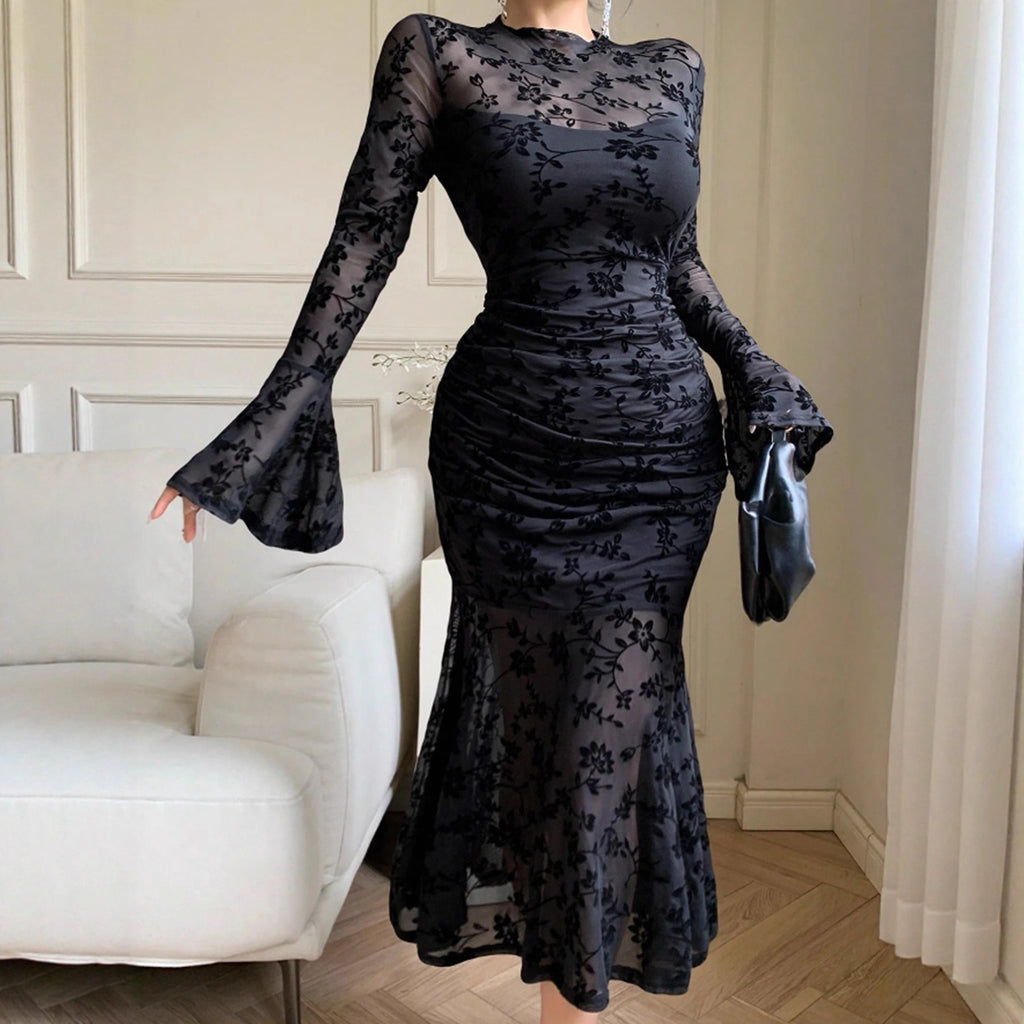 Flocked Mesh Trumpet-sleeve Mermaid Skirt