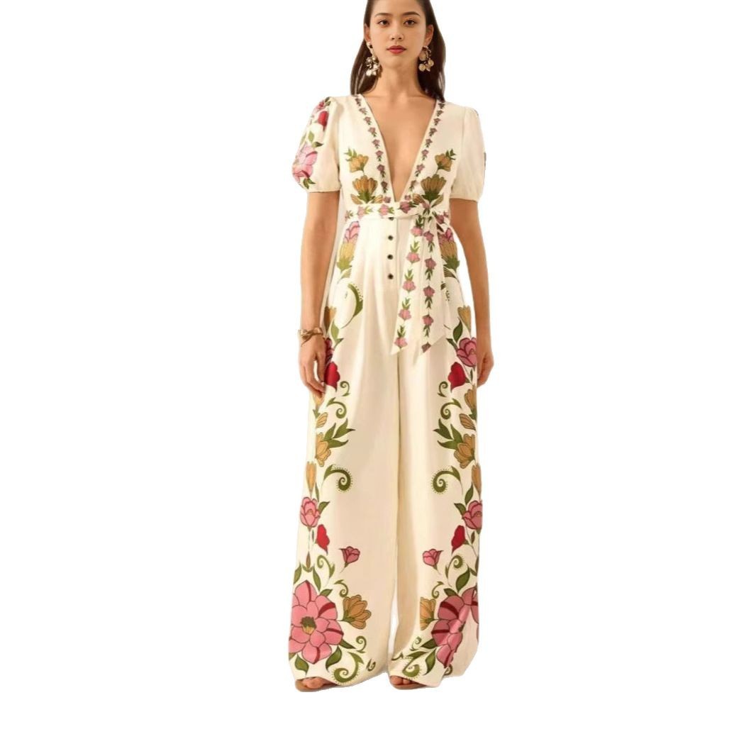 Women's Deep V-neck Printed Fashion Wide-leg Jumpsuit