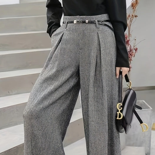 Elegant High-waisted Tweed Wide-leg Pants For Fall