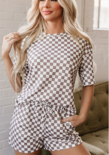 Brown Checkered Top And Short Casual 2pcs Set