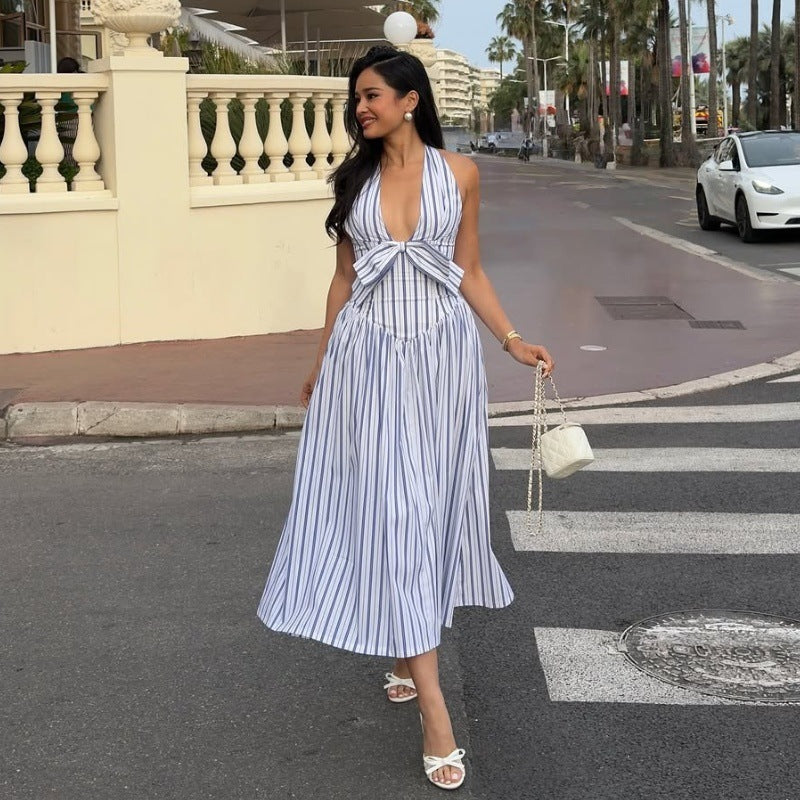 Pure Desire Style Striped Sexy V-neck Bow Halter Dress