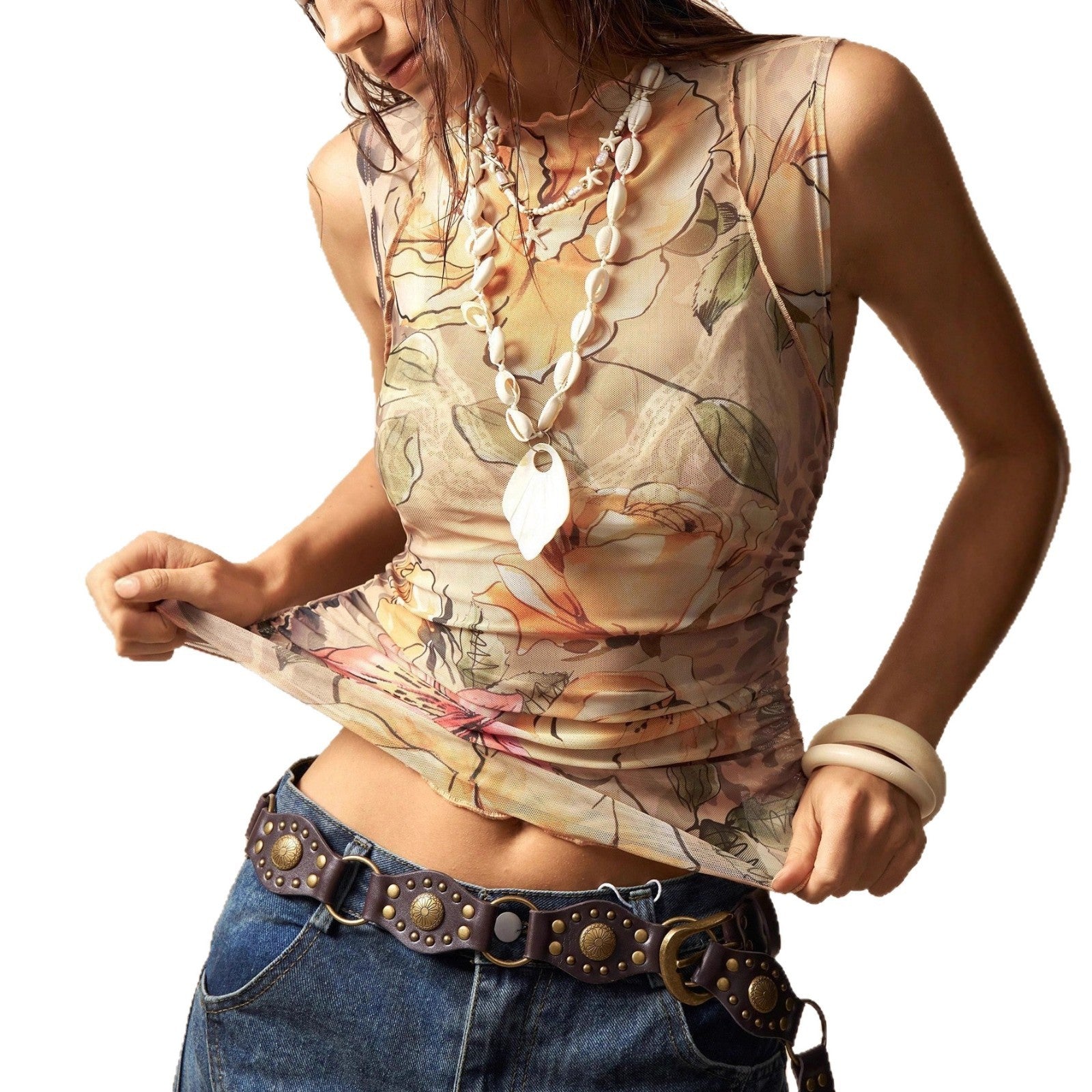 New Sleeveless High-neck Fashionable Floral Slim-fit Slimming Top