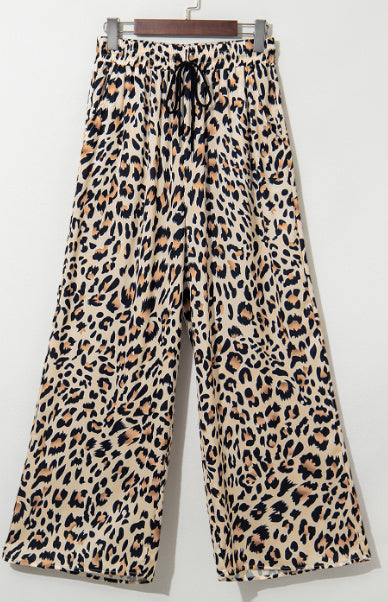 Parchment Leopard Drawstring Flowy Wide Leg Pants