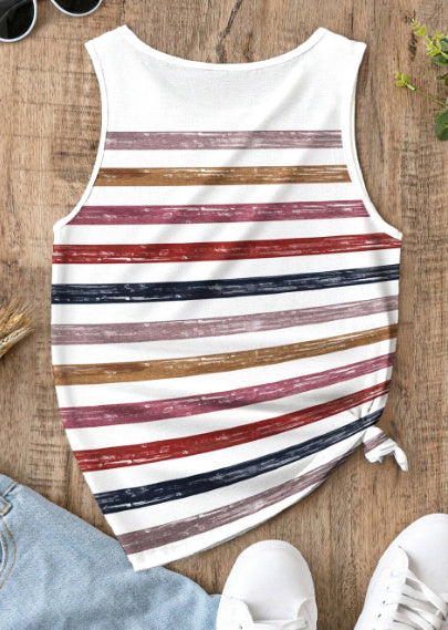 Red Stripe Rainbow Round Neck Tank Top