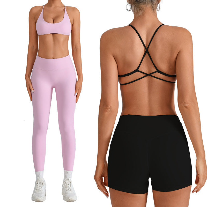 Beauty Back With Chest Pad Cross Spaghetti Strap Bra High Waist Fitness Pants
