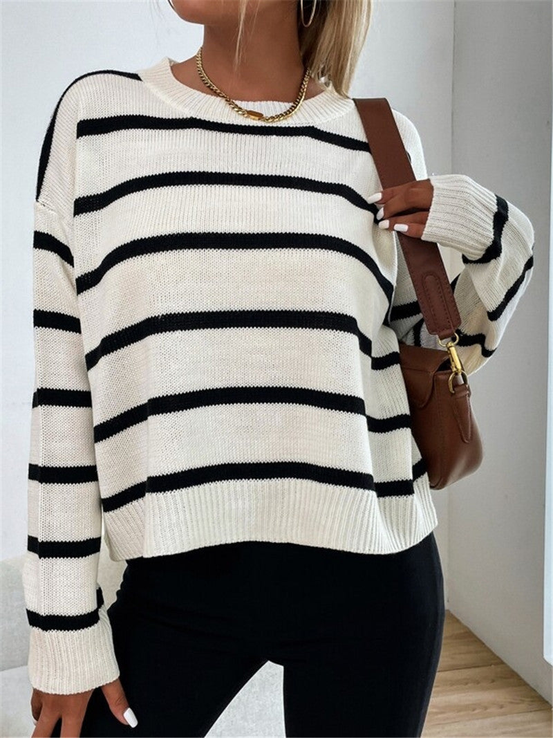 Round Neck Pullover Long Sleeve Base Layer Color Block Sweater Women