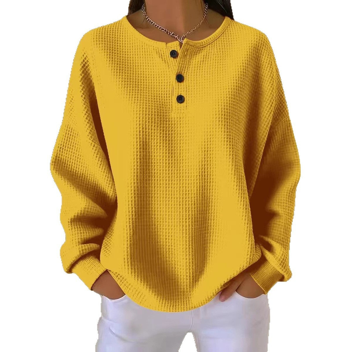 Round Neck Waffle Solid Color Pullover Loose Top