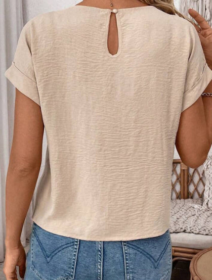 Parchment Solid Color Knotted Hem Short Sleeve Blouse