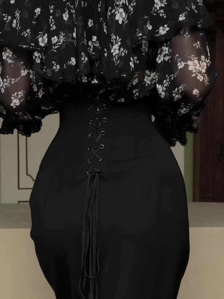 Black Floral Chiffon Overlay & Bodycon Midi Skirt 2-Piece Set With Tassel Belt