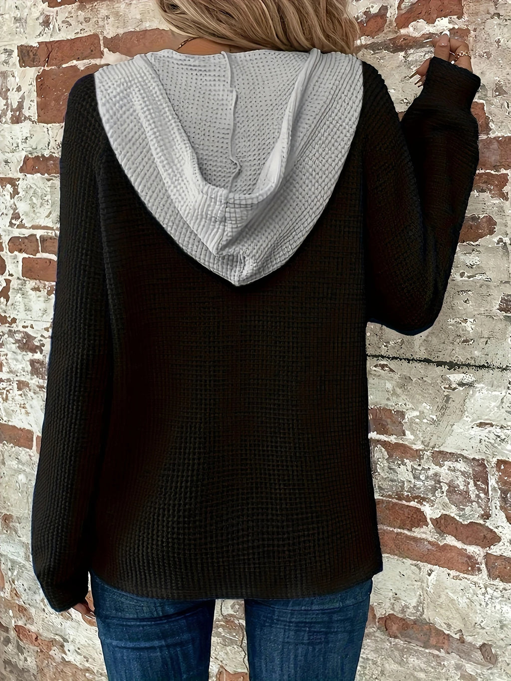 Color Block Button Front Drawstring Hoodie