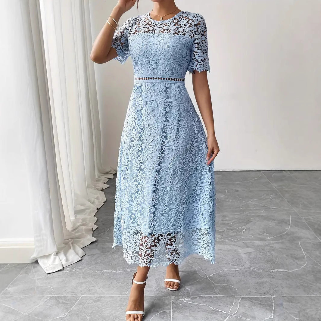 Round Neck Water Soluble Lace Short Sleeve Hollow Lace Elegant Long Dress