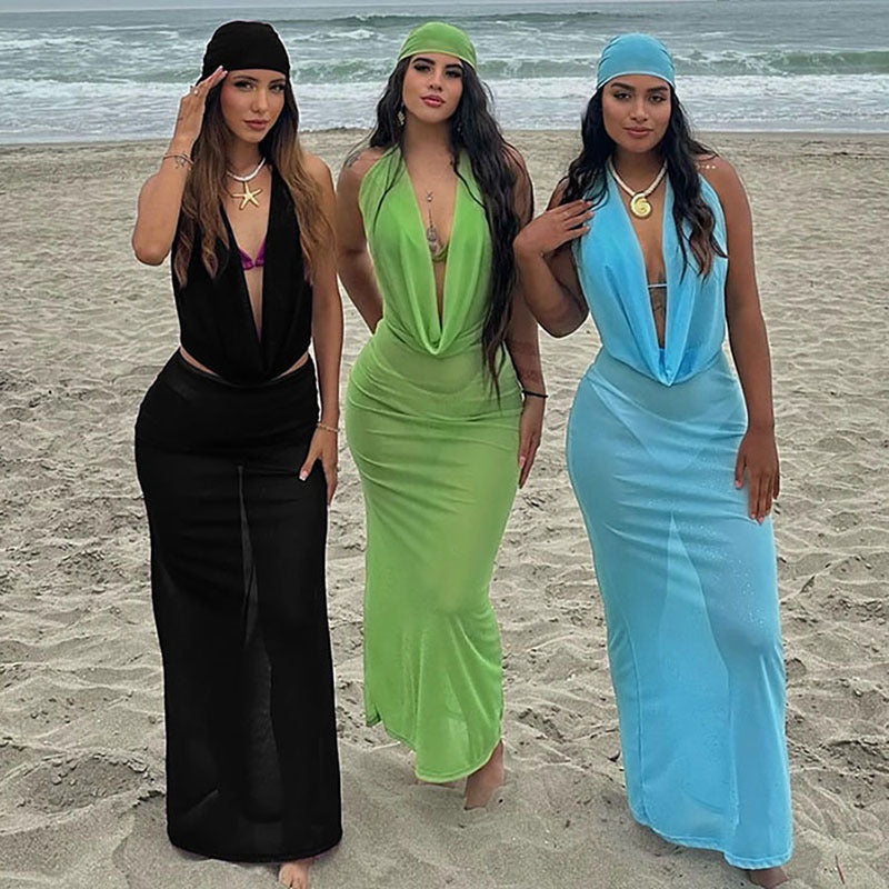 Headscarf Lace-up Vest Deep V Pile Collar Sexy Dress Three-piece Set For Women