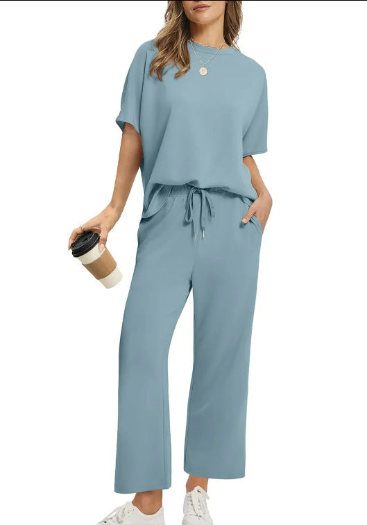 European And American Women's Solid Color Short-sleeved Casual Wide-leg Pants Suit