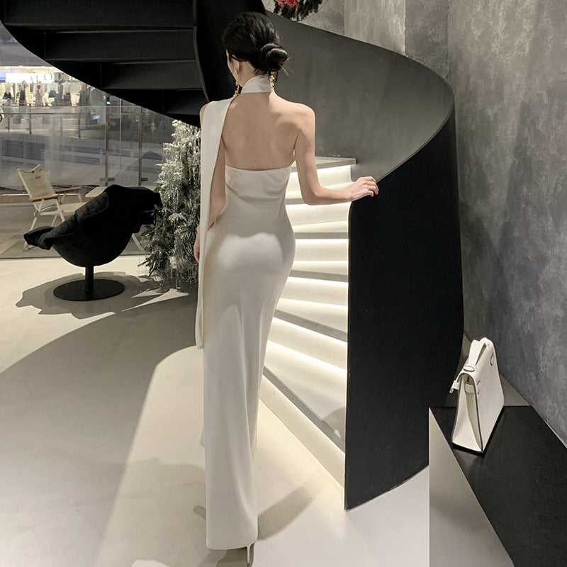 French Style Retro Elegant Sense Of Atmosphere Sloping Shoulder Dress Women