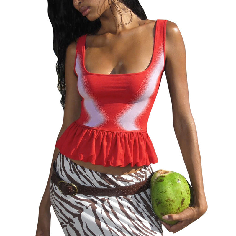 European And American U-neck Contrast-color Ruffled Sexy Vest T-shirt For Women