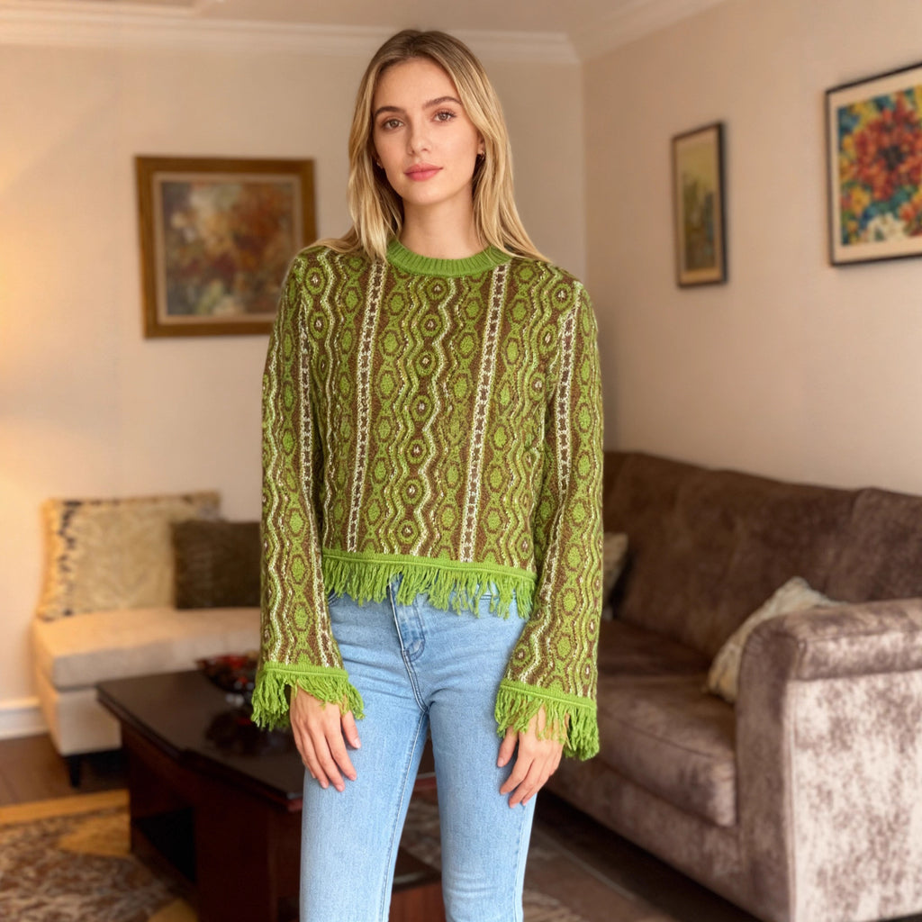 Contrast-color Jacquard Fringe Casual Round-neck Sweater