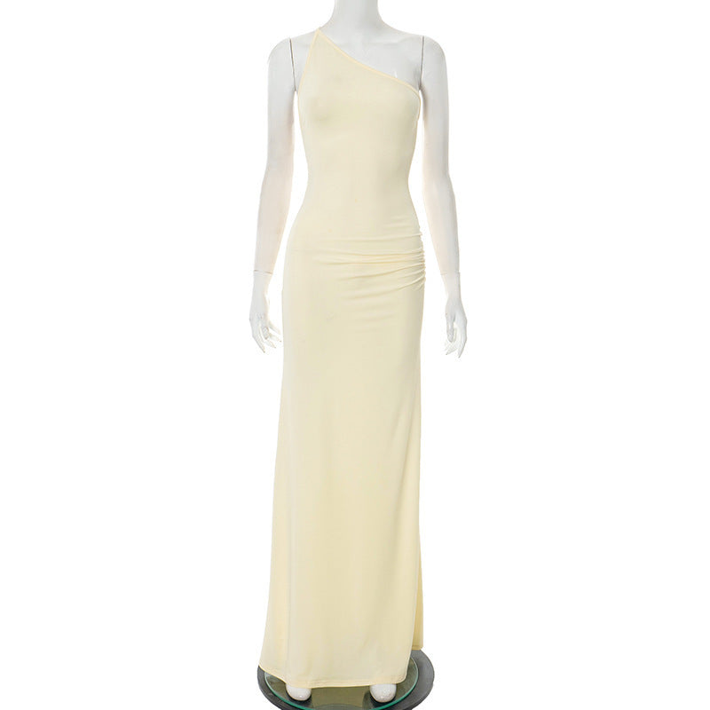 European And American Sexy Solid Color Sloping Shoulder Backless Tied Dress Women