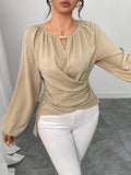 Womens Woven Long-sleeve Top With Tie Detailing And An Asymmetrical Hem