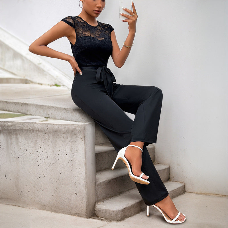 Lace Stitching Sleeveless Jumpsuit High Waist