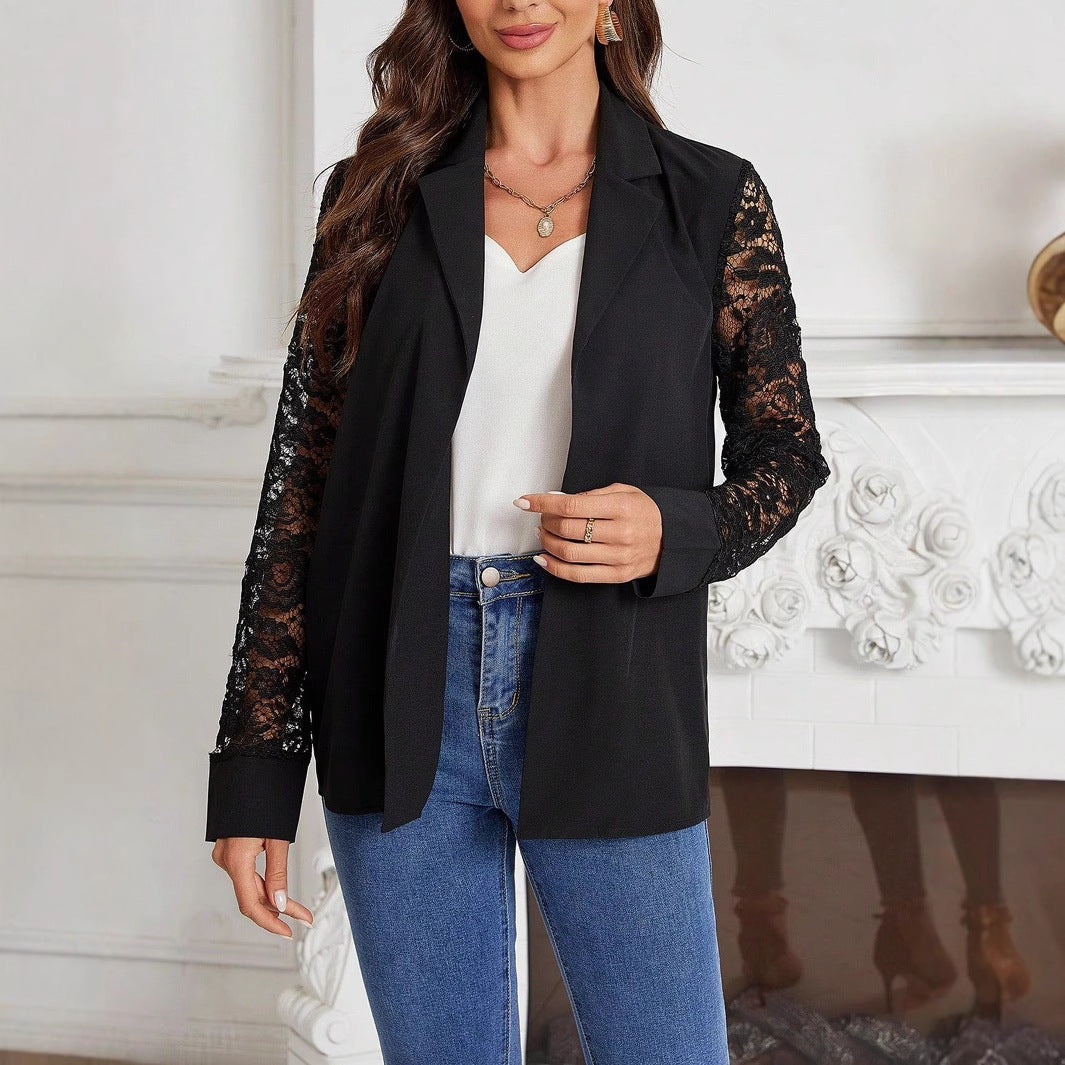 Women's Elegant Suit Lace Stitching Long Sleeve Top Coat