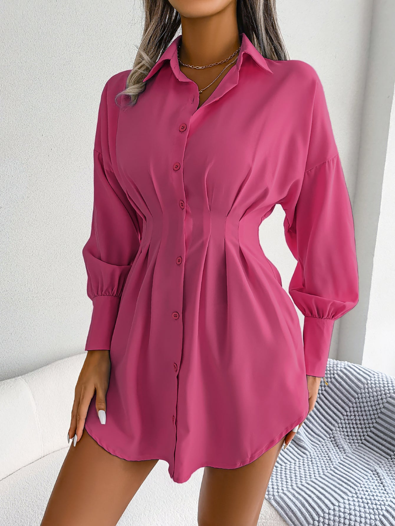 Casual Lantern Sleeve Tie Waist Asymmetric Shirt Dress