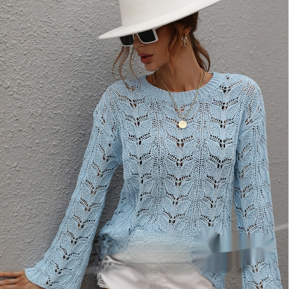 Solid Color Crochet Hollow-out Round Neck Loose Sweater Women