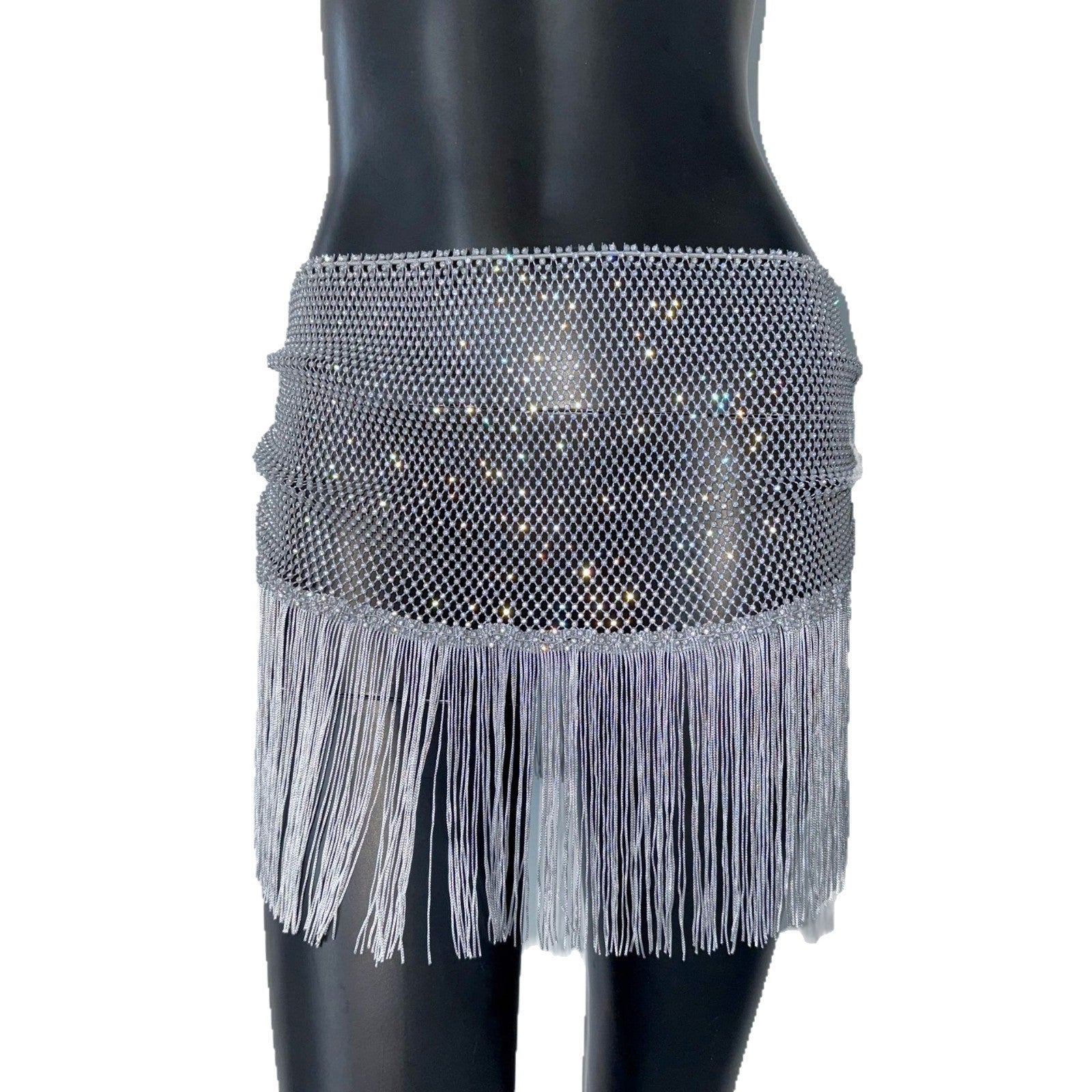 Half-length Tassel Stitching Fishnet Rhinestone Elastic Skirt