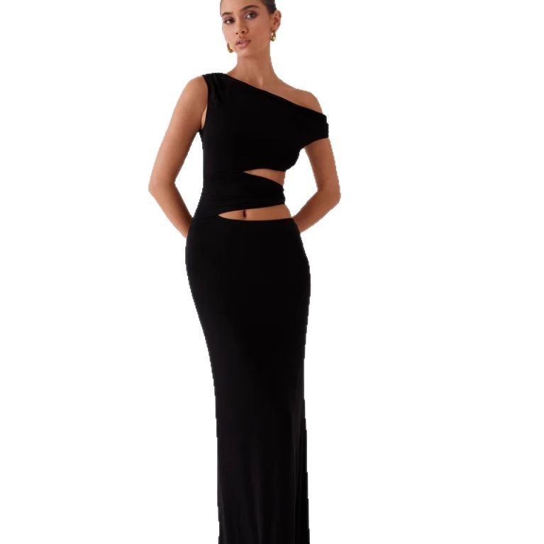 Solid Color Sloping Shoulder Dress Women's Summer Hollow-out Midriff Sheath Dress