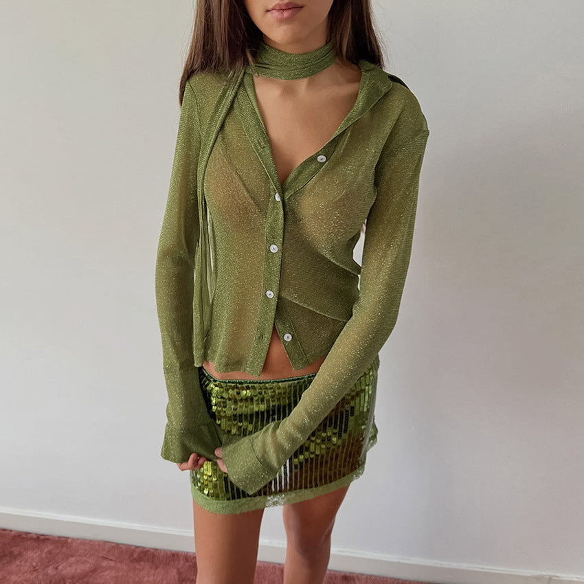 Long-sleeve Shirt With Off-the-shoulder Fluttering Straps