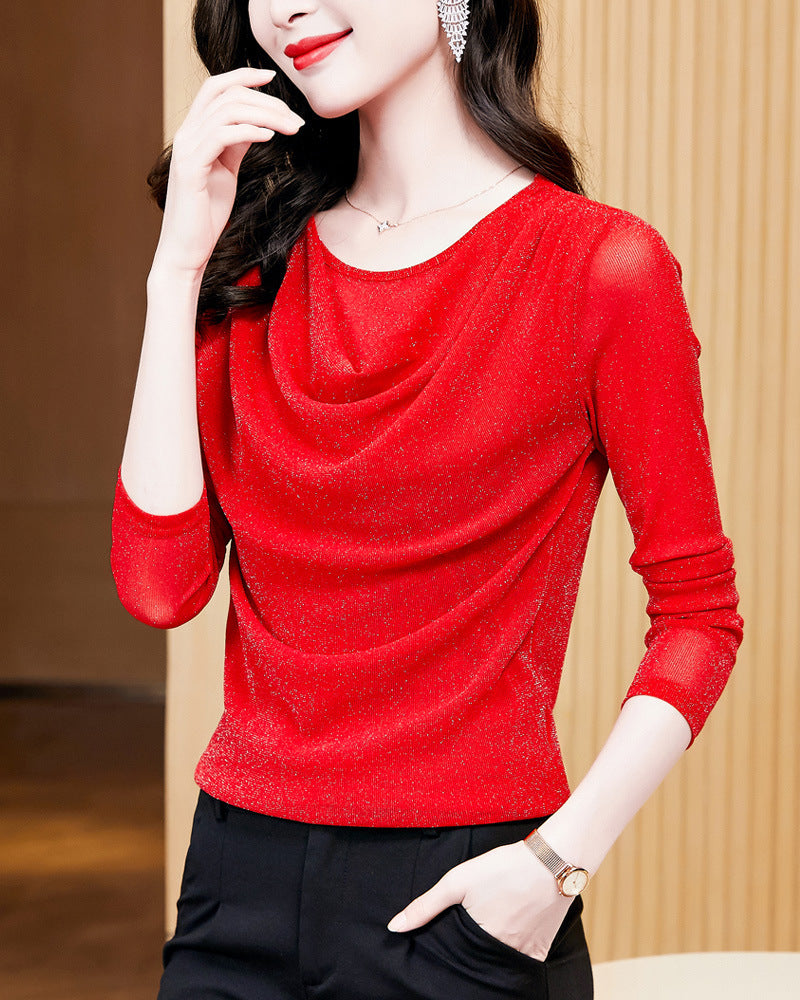 Round Neck Shiny Silk Long Sleeve Pullover Elegant Top