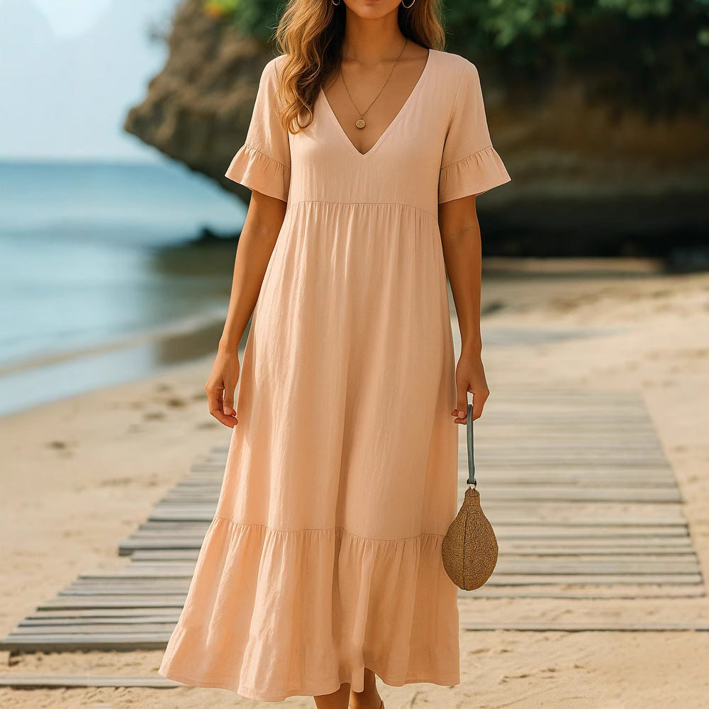 V-neck Solid Color Multicolor Women's Stitching Dress