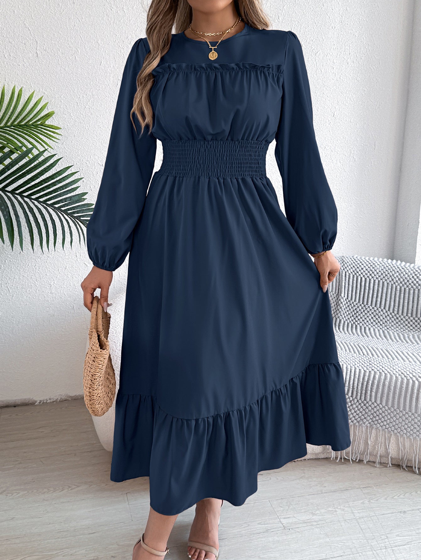Women's Solid Color Stringy Selvedge Cinched Pleated Long Dress