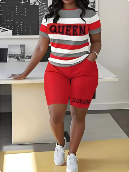 European And American T-shirt Striped Letters 3D Printed Shorts Suit