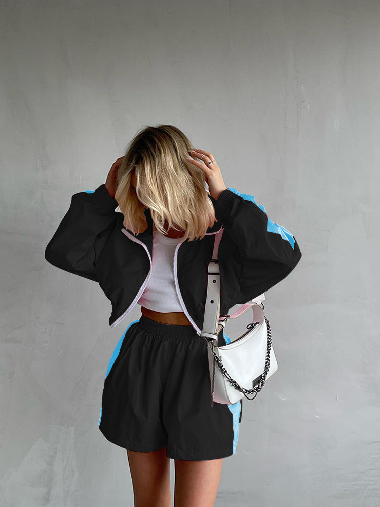 Women's Long-sleeved Zipper Sport Cardigan Coat Shorts Suit Casual