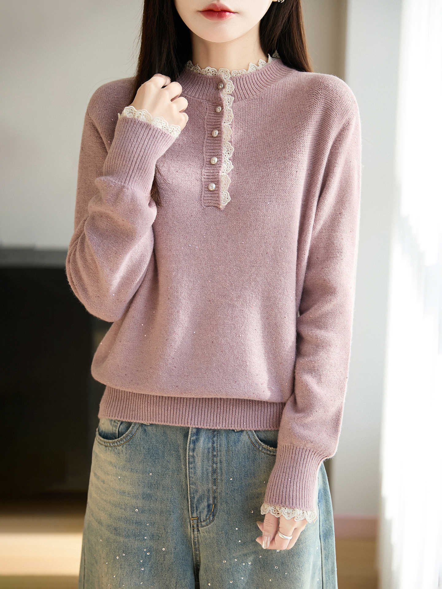 Womens Lace Mock Neck Base Layer Top