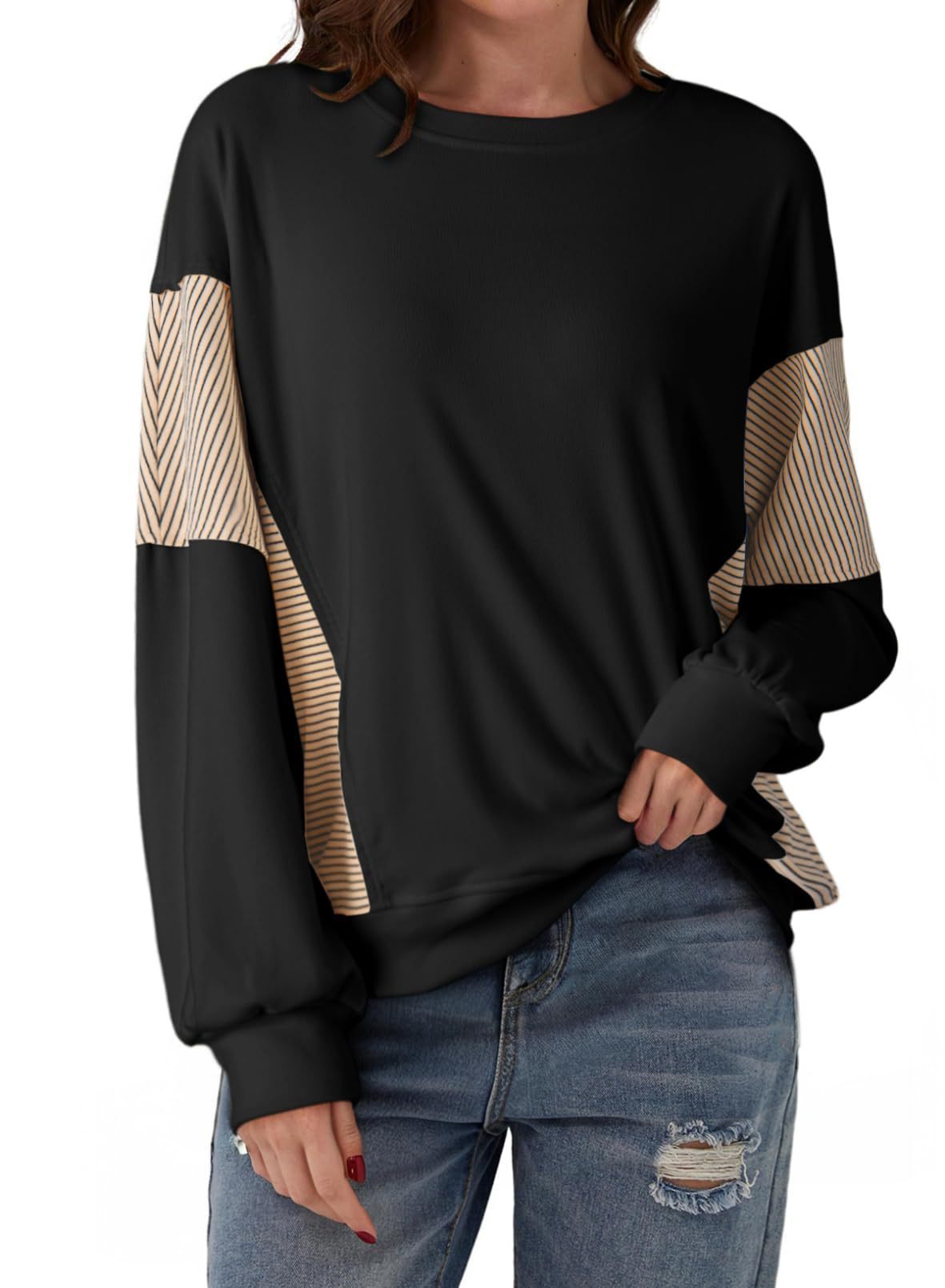 Striped Color-blocked Round Neck Versatile Casual Long-sleeved Sweatshirt