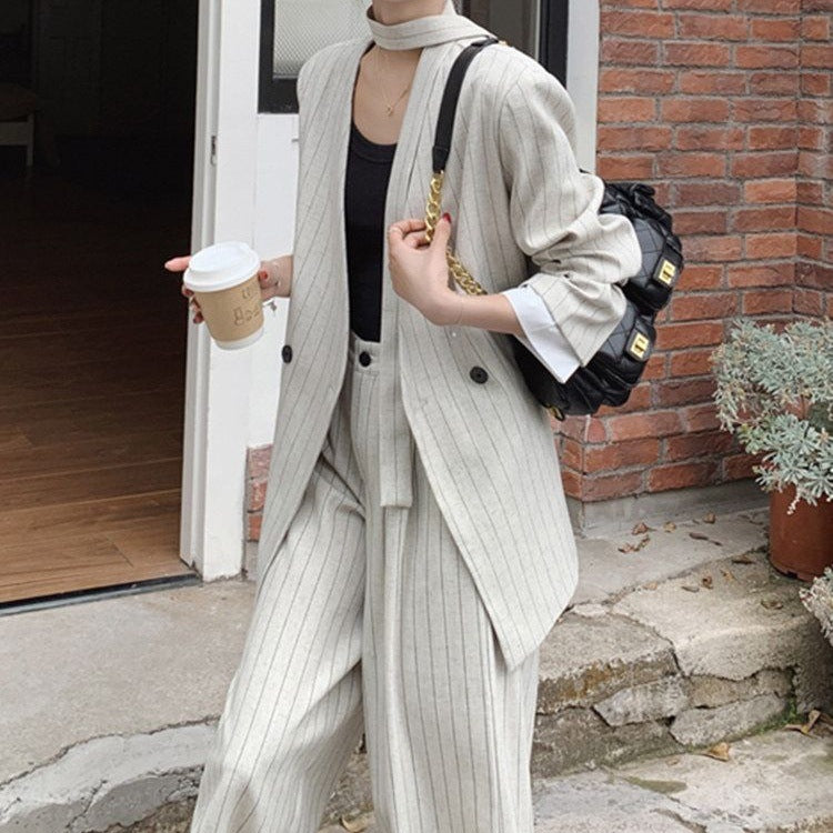 New Fashion Striped Blazer Wide-Leg Pants Two-Piece