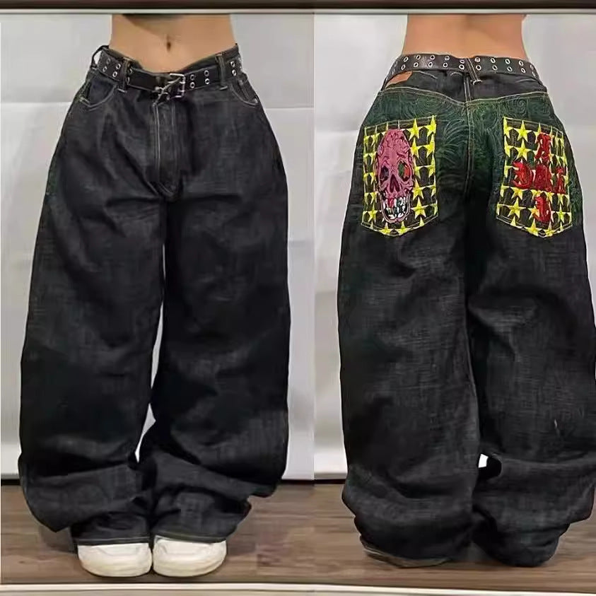 American High Street Personalized Patterns Loose Straight Wide Leg Jeans