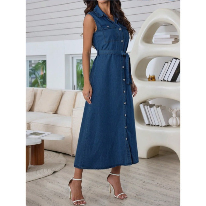 Denim Dress With Belt And Front Buttons