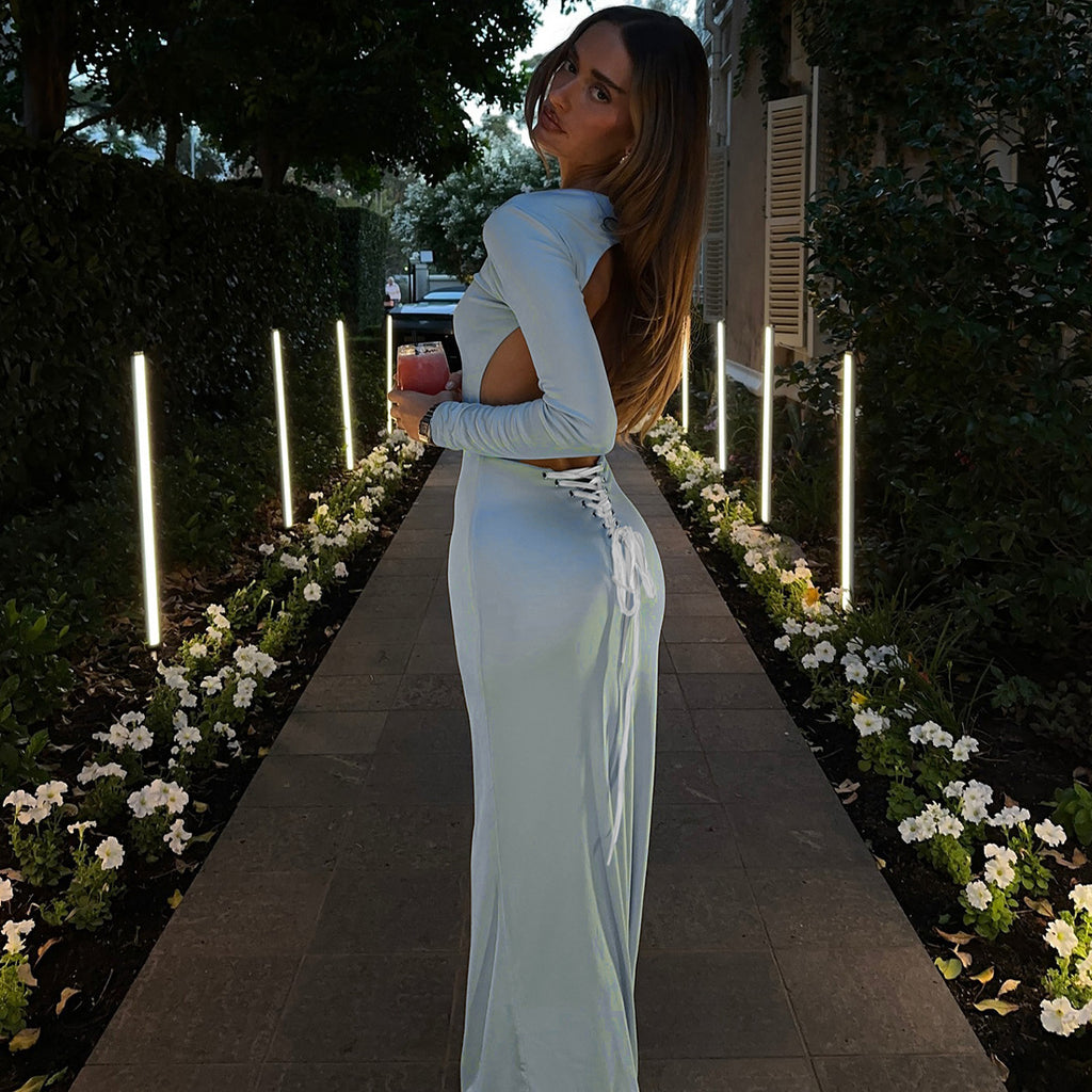 Round-neck High Waist Backless Solid Color Long Sleeve Dress Women