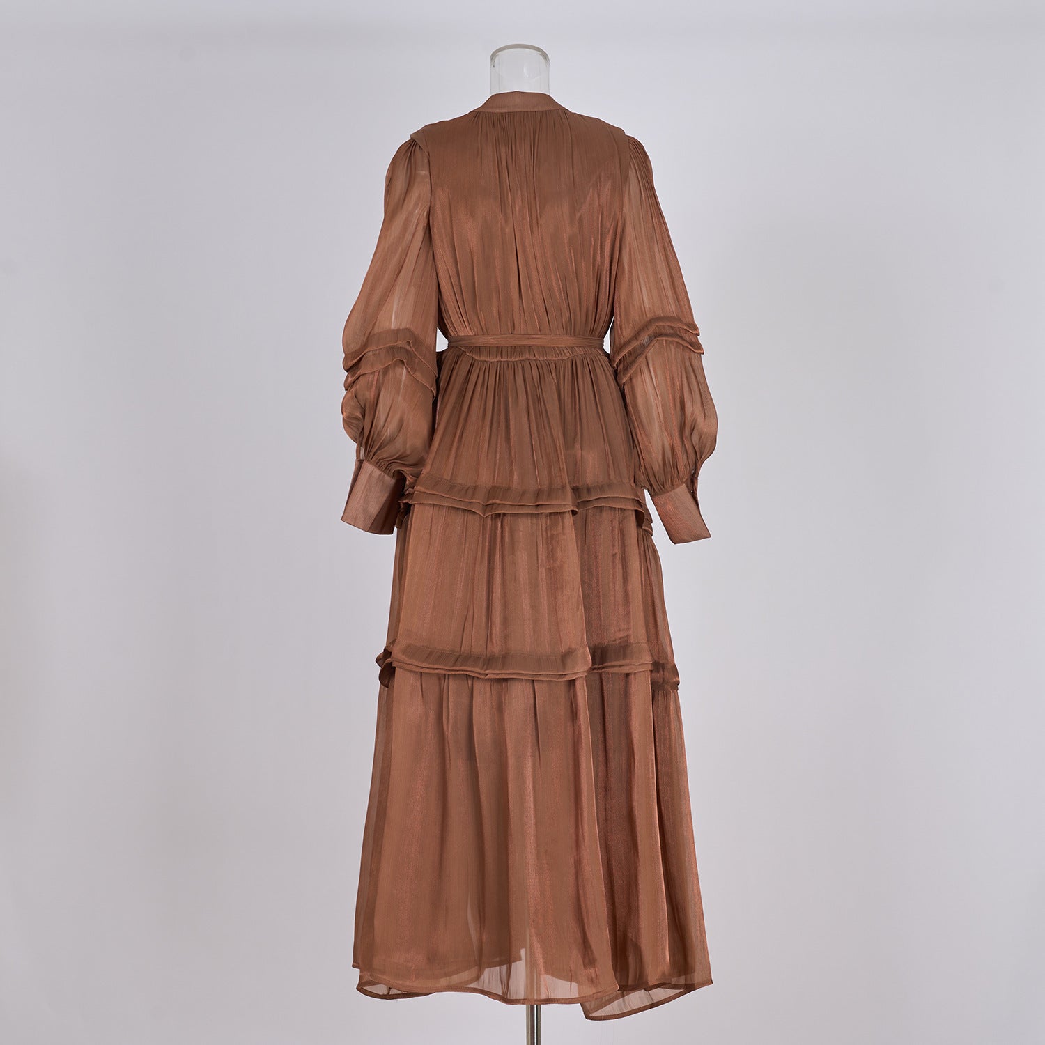 V-neck Lantern Sleeve Fitted Waist Pleated Long Silk Dress