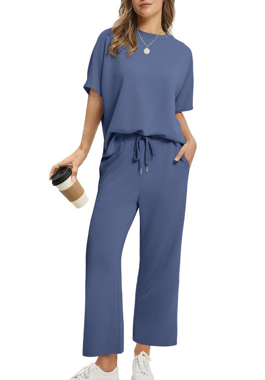 European And American Women's Solid Color Short-sleeved Casual Wide-leg Pants Suit