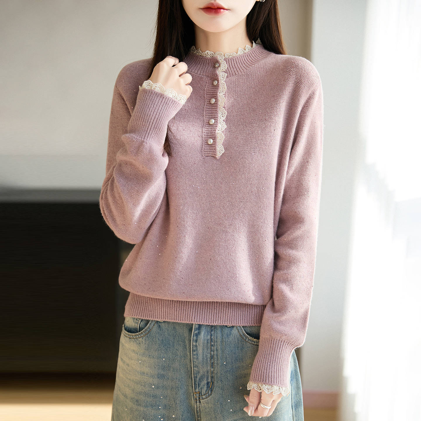 Womens Lace Mock Neck Base Layer Top