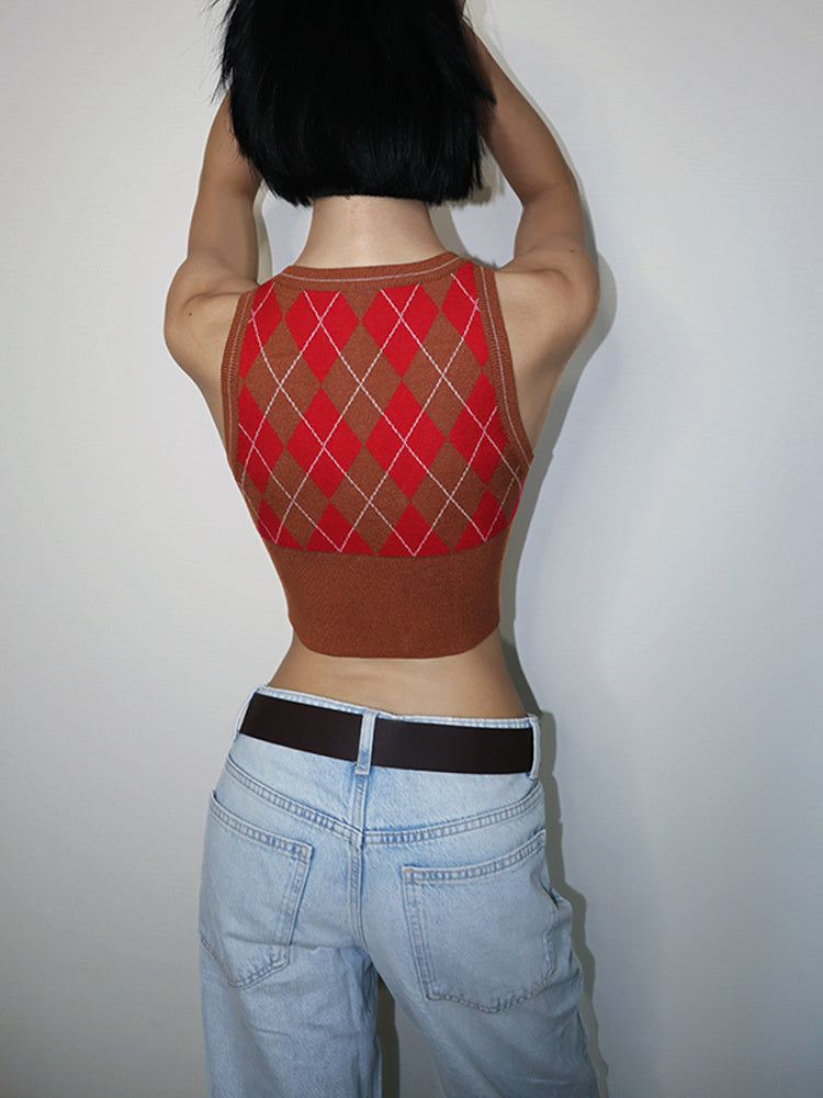 Retro Diamond Short Woolen Vest