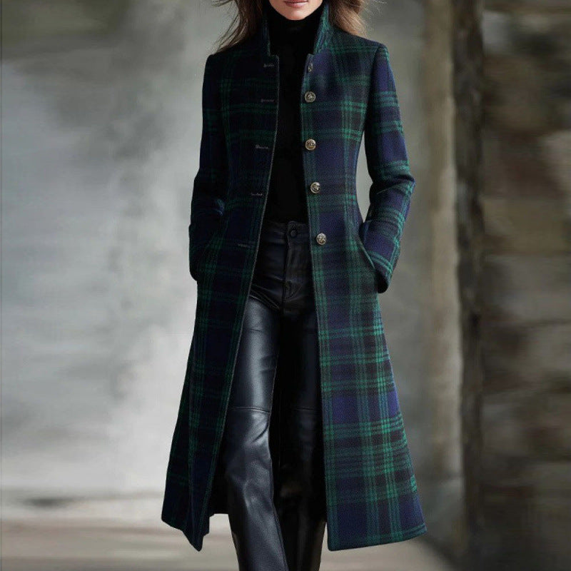 Womens Single-Breasted Plaid Long-Sleeve Long Cardigan Coat