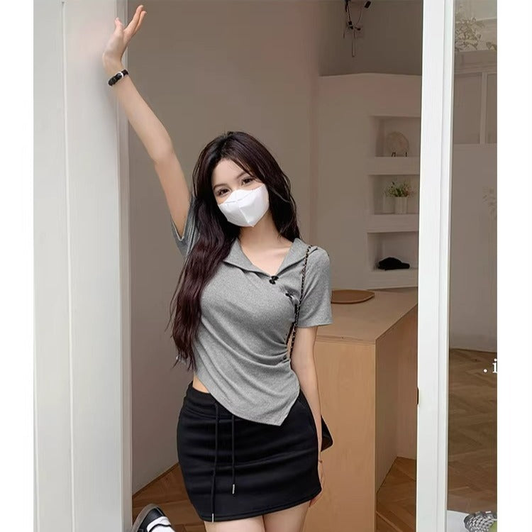 Turn-down Collar Short-sleeve Bow Pleated Waist-cinching Slim-fit T-shirt Top