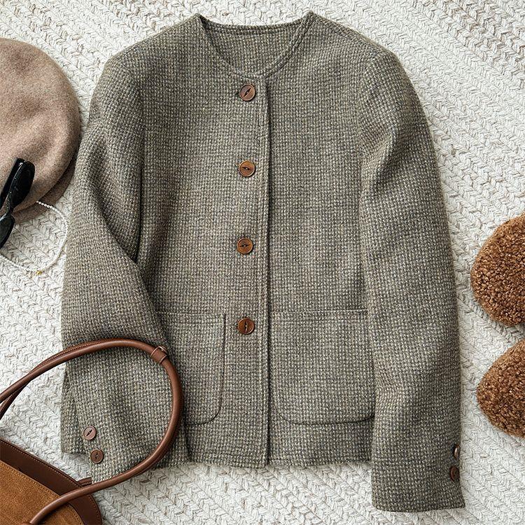 Elegant Tweed Vintage Crew-neck Coat For Women