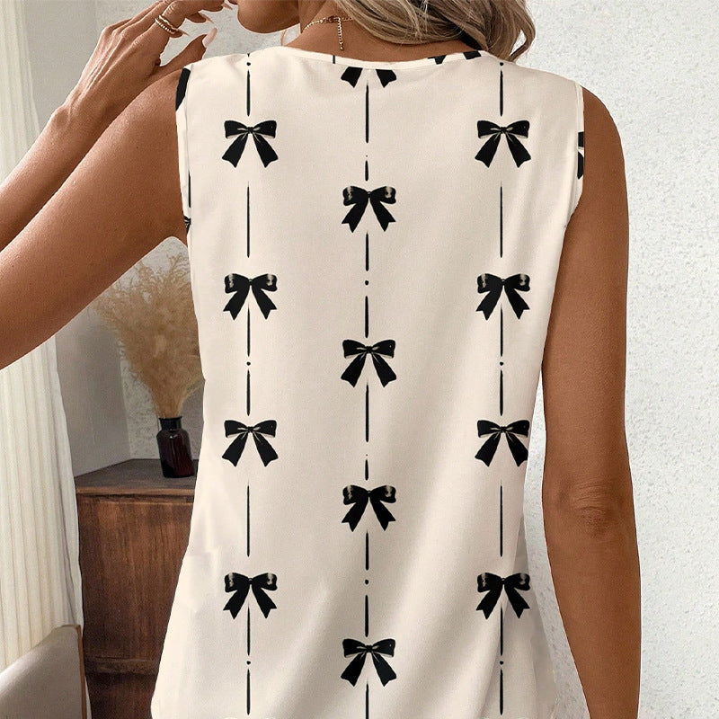 European And American Sleeveless Bow Shirt V-neck